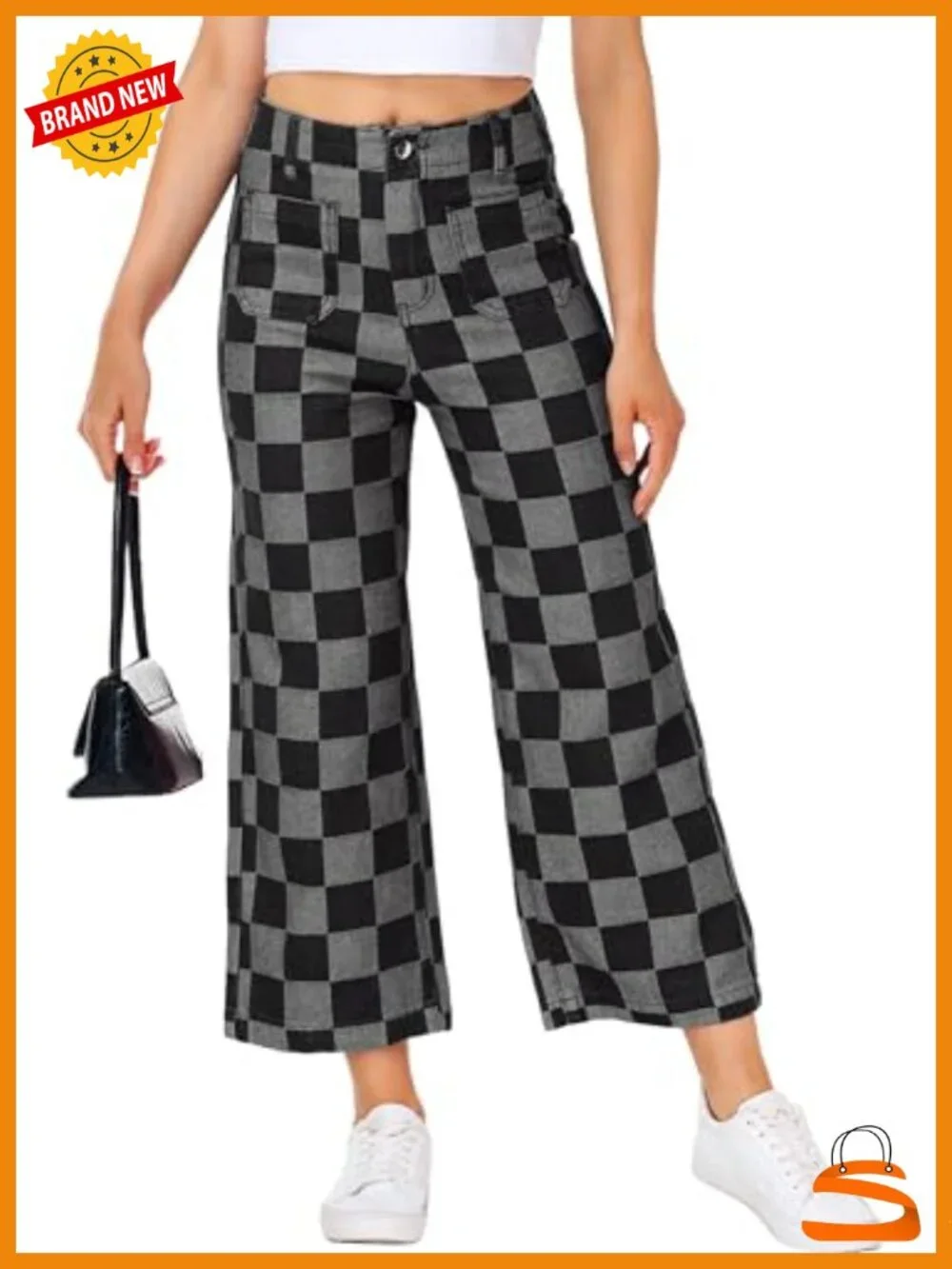 Checkered Cropped Straight Leg Stretchy Denim Jeans with Pockets